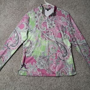 Acegolfs Womens Large Top 1/4 Zip Floral Paisley Women's Blouse Pink Green
